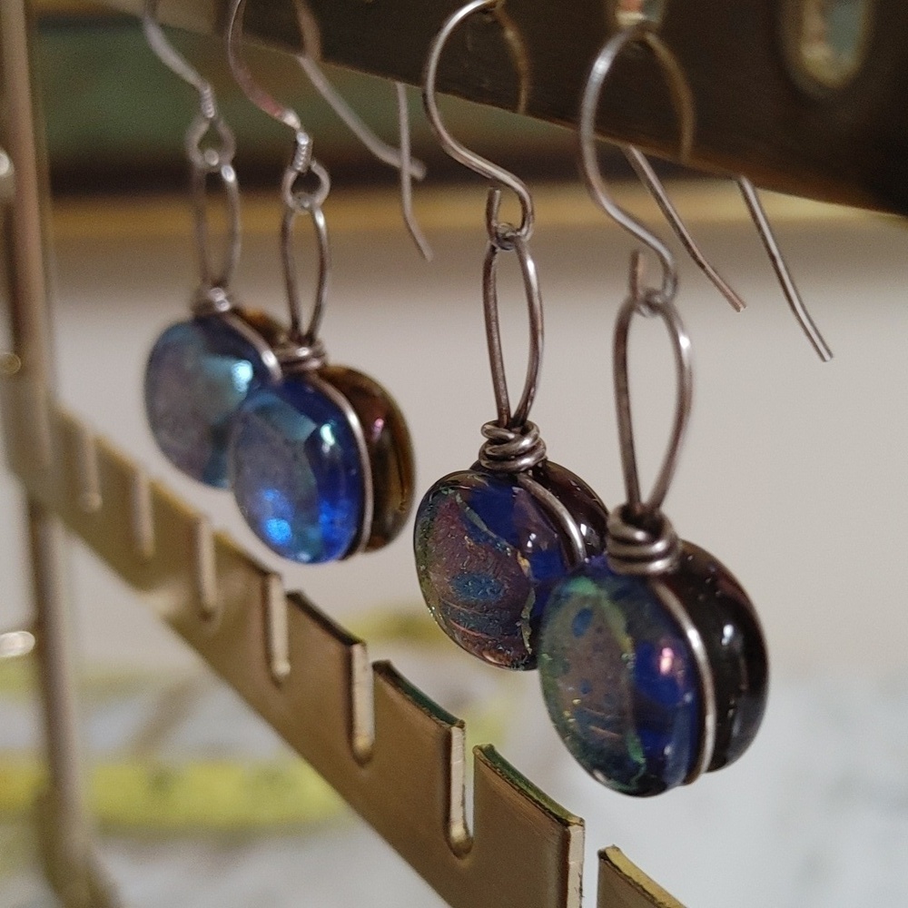 Round Dichroic Glass Sterling Wrapped Earrings - Picture 11 of 16